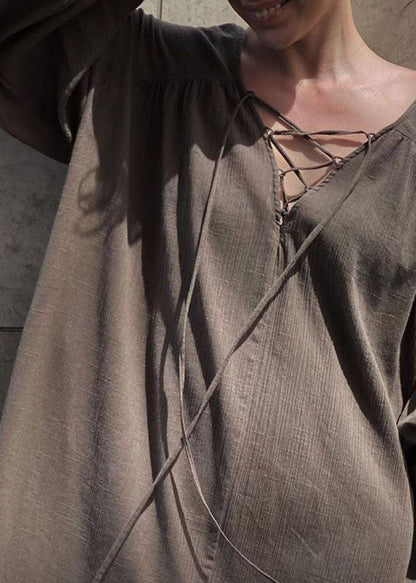 French Brown V Neck Backless Lace Up Cotton Long Dress Lantern Sleeve Ly1368