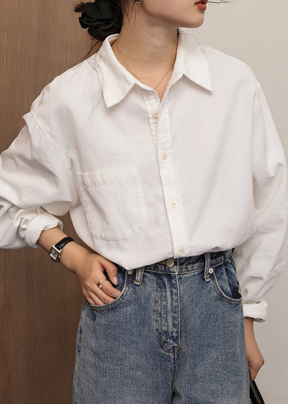French Caramel Button Pockets Patchwork Cotton Blouse Fall Tu019