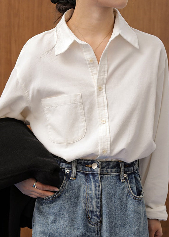 French Caramel Button Pockets Patchwork Cotton Blouse Fall Tu019