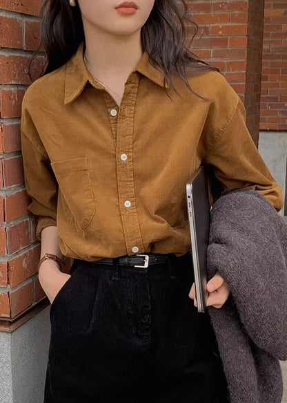 French Caramel Button Pockets Patchwork Cotton Blouse Fall Tu019