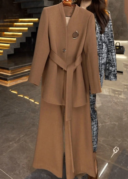 French Caramel Tie Waist Coats and Wide Leg Pants Two Piece Set Winter Rf045