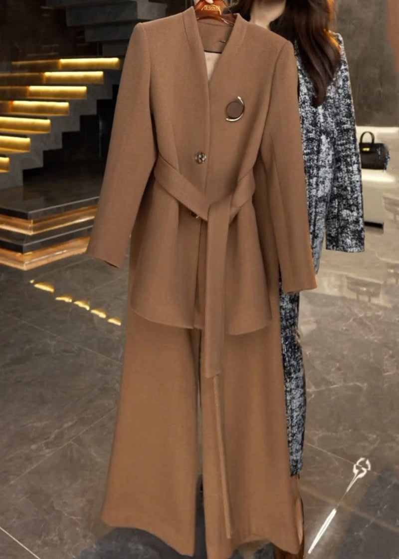 French Caramel Tie Waist Coats and Wide Leg Pants Two Piece Set Winter Rf045