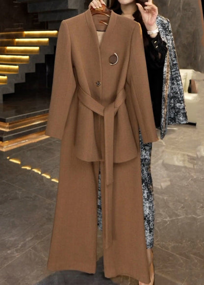 French Caramel Tie Waist Coats and Wide Leg Pants Two Piece Set Winter Rf045