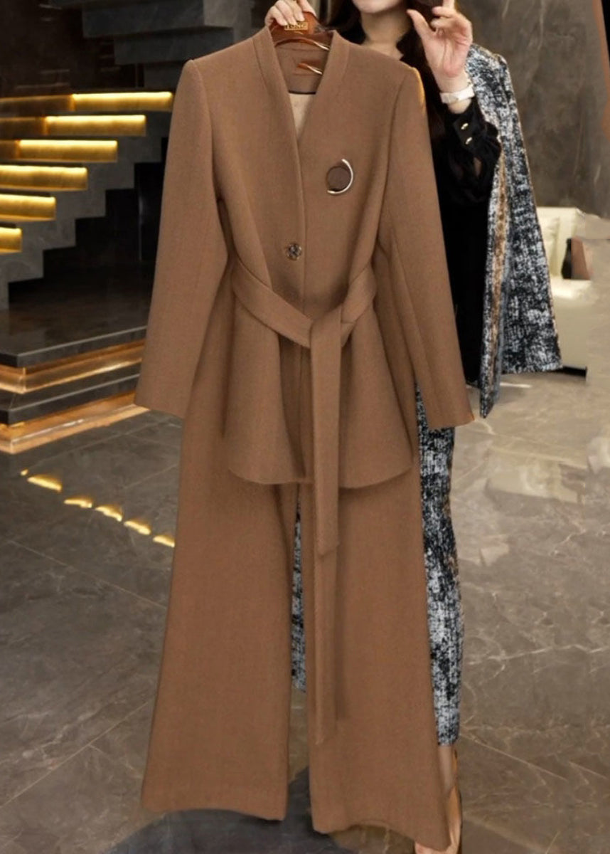 French Caramel Tie Waist Coats and Wide Leg Pants Two Piece Set Winter Rf045