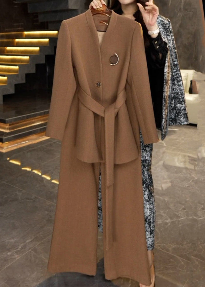 French Caramel Tie Waist Coats and Wide Leg Pants Two Piece Set Winter Rf045