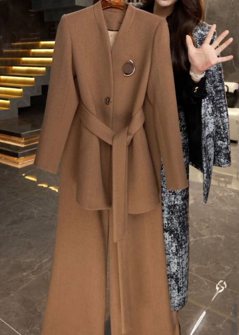French Caramel Tie Waist Coats and Wide Leg Pants Two Piece Set Winter Rf045