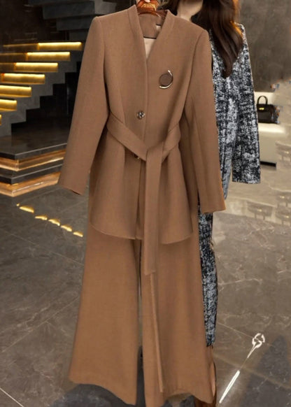French Caramel Tie Waist Coats and Wide Leg Pants Two Piece Set Winter Rf045
