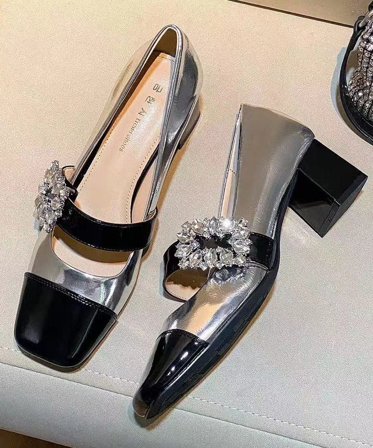 French Chunky Heel Silver Zircon Splicing Loafer Shoes Dd1041