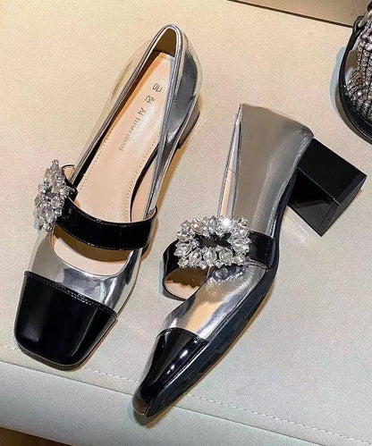 French Chunky Heel Silver Zircon Splicing Loafer Shoes Dd1041
