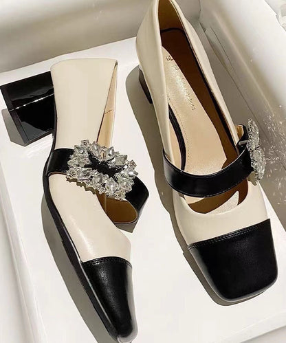 French Chunky Heel Silver Zircon Splicing Loafer Shoes Dd1041