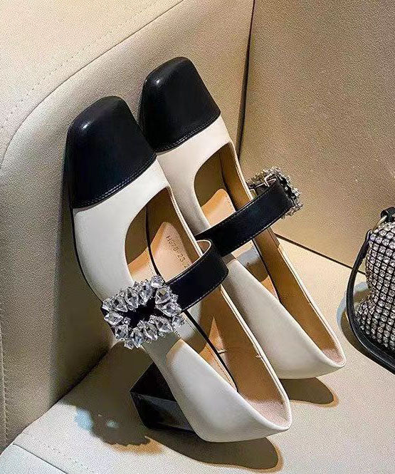 French Chunky Heel Silver Zircon Splicing Loafer Shoes Dd1041