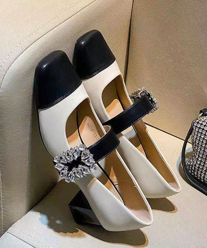 French Chunky Heel Silver Zircon Splicing Loafer Shoes Dd1041