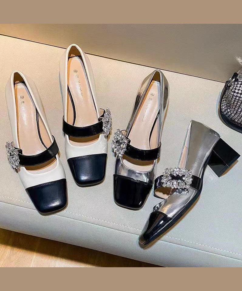 French Chunky Heel Silver Zircon Splicing Loafer Shoes Dd1041
