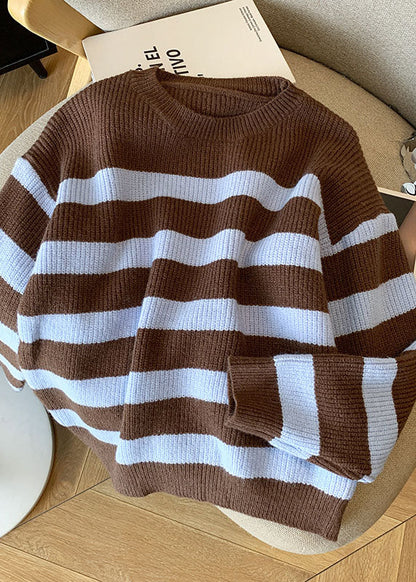 French Coffee O Neck Striped Knit Short Sweater Fall Ql055