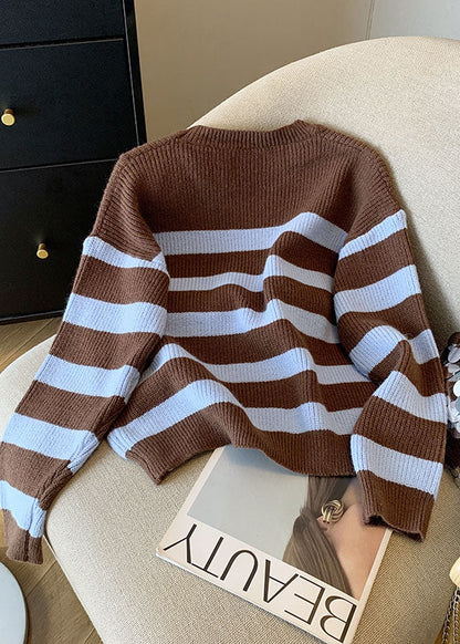 French Coffee O Neck Striped Knit Short Sweater Fall Ql055