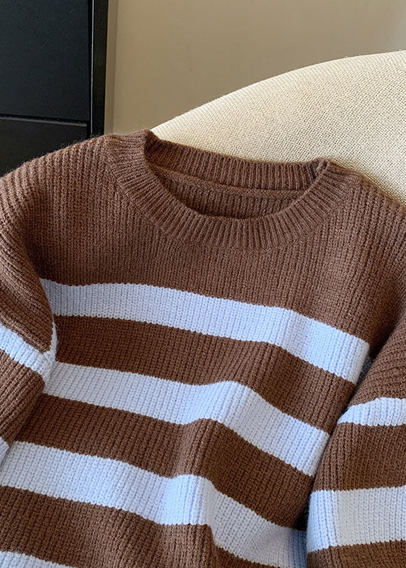 French Coffee O Neck Striped Knit Short Sweater Fall Ql055