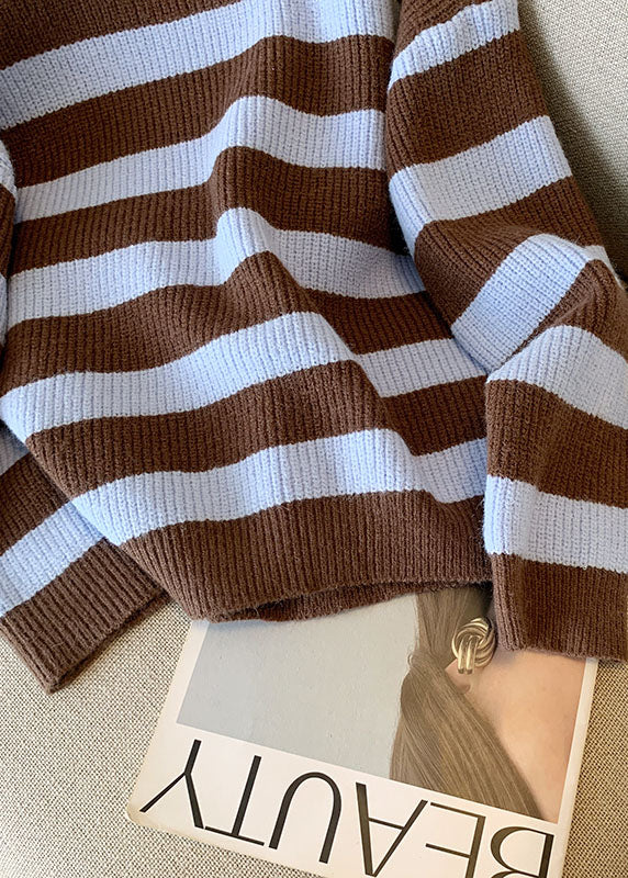 French Coffee O Neck Striped Knit Short Sweater Fall Ql055