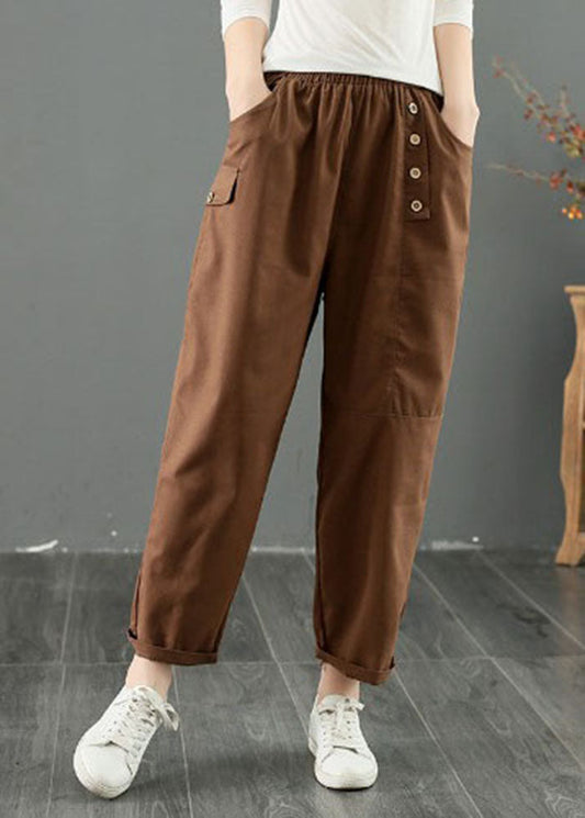 French Coffee Oversized Patchwork Button Cotton Harem Pants Summer Ac2048