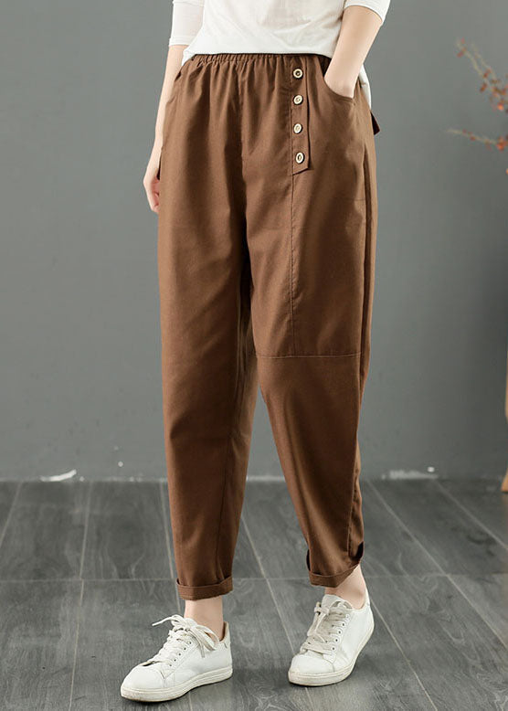 French Coffee Oversized Patchwork Button Cotton Harem Pants Summer Ac2048