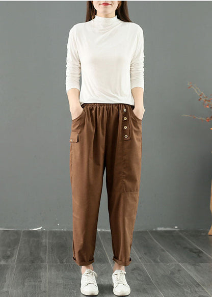 French Coffee Oversized Patchwork Button Cotton Harem Pants Summer Ac2048