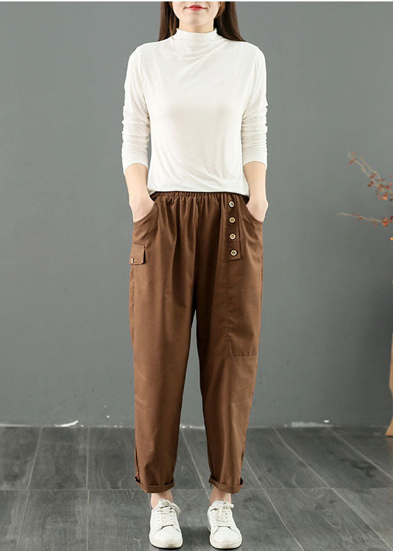 French Coffee Oversized Patchwork Button Cotton Harem Pants Summer Ac2048