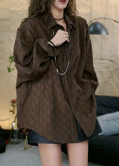 French Coffee Peter Pan Collar Button Cotton Blouses Long Sleeve Gh1056