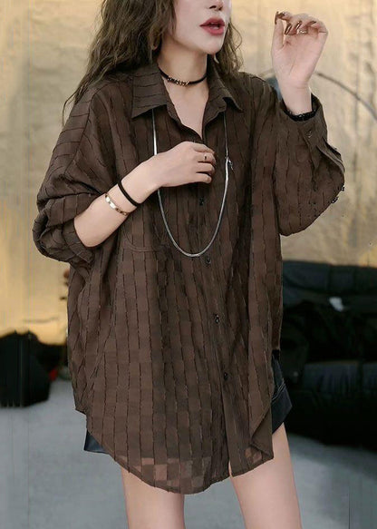 French Coffee Peter Pan Collar Button Cotton Blouses Long Sleeve Gh1056