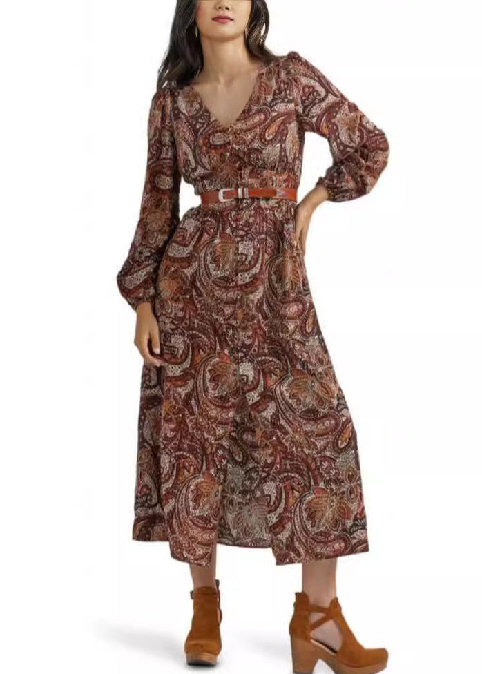 French Coffee V Neck Front Open Cotton Long Dress Fall Au1025