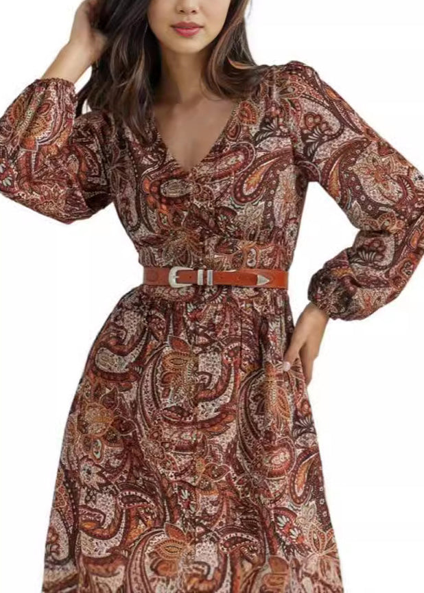 French Coffee V Neck Front Open Cotton Long Dress Fall Au1025