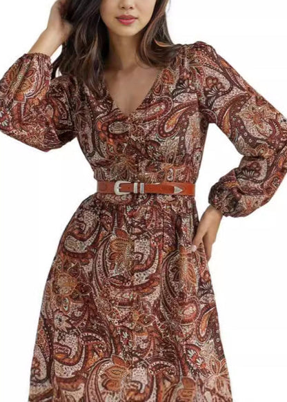 French Coffee V Neck Front Open Cotton Long Dress Fall Au1025