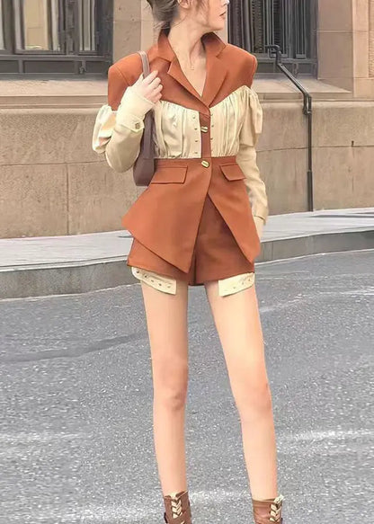French Coffee Wrinkled Patchwork Coat and Shorts Two Pieces Spring Ha1013