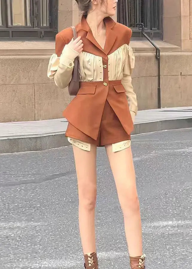 French Coffee Wrinkled Patchwork Coat and Shorts Two Pieces Spring Ha1013