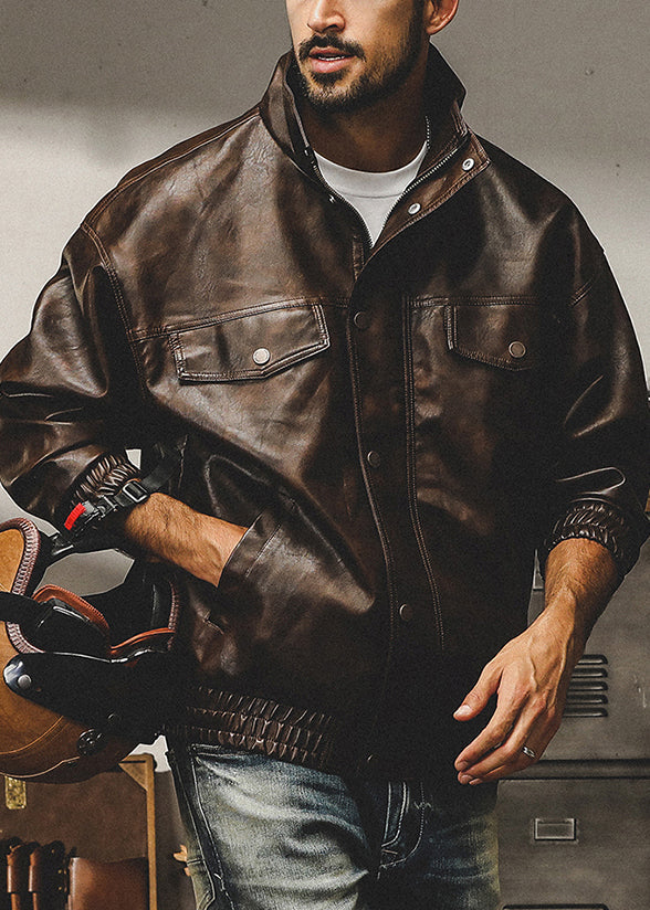 French Coffee Zip Up Oversized Faux Leather Coats Spring Rn025