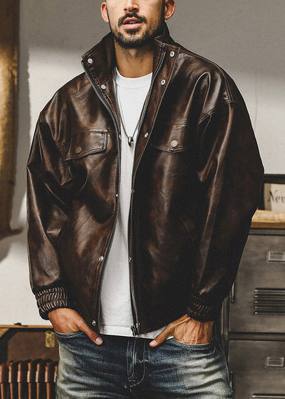 French Coffee Zip Up Oversized Faux Leather Coats Spring Rn025