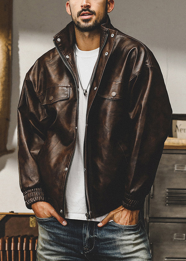 French Coffee Zip Up Oversized Faux Leather Coats Spring Rn025
