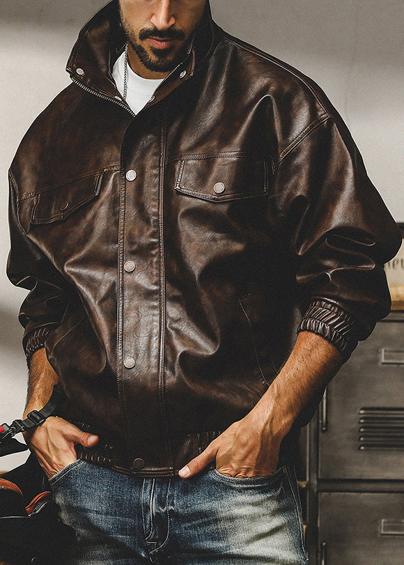 French Coffee Zip Up Oversized Faux Leather Coats Spring Rn025