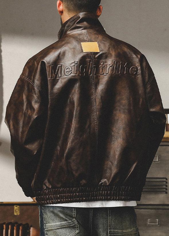 French Coffee Zip Up Oversized Faux Leather Coats Spring Rn025