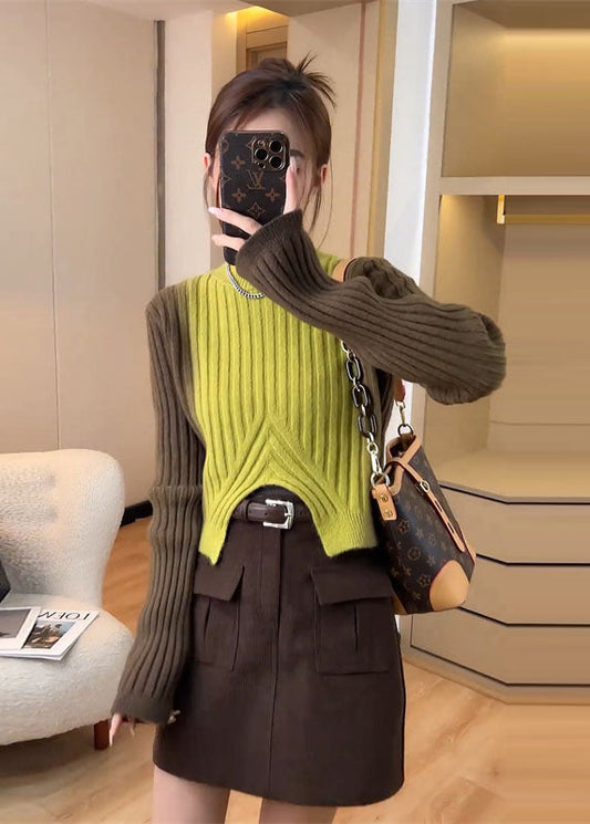 French Colorblock O Neck Asymmetrical Knit Sweaters Fall We022