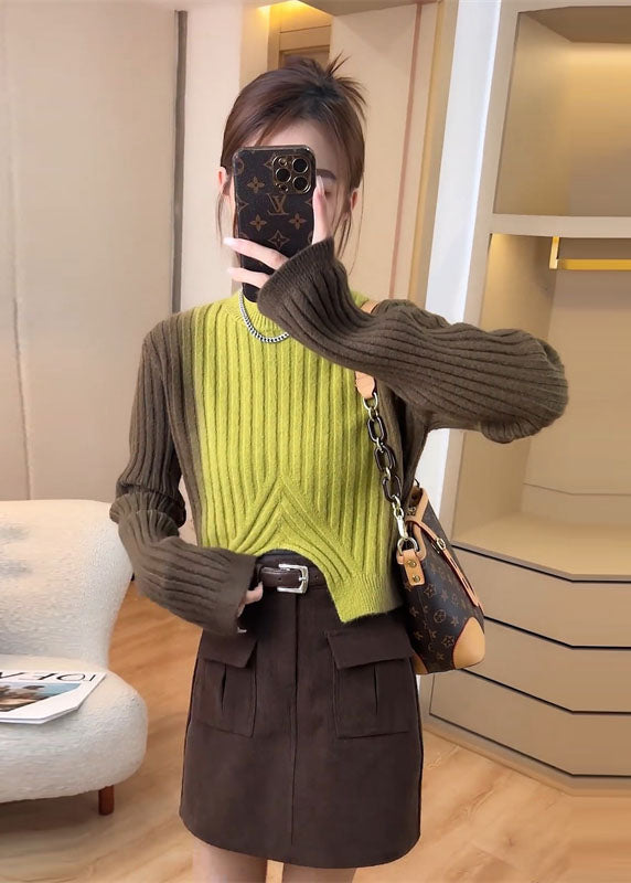 French Colorblock O Neck Asymmetrical Knit Sweaters Fall We022