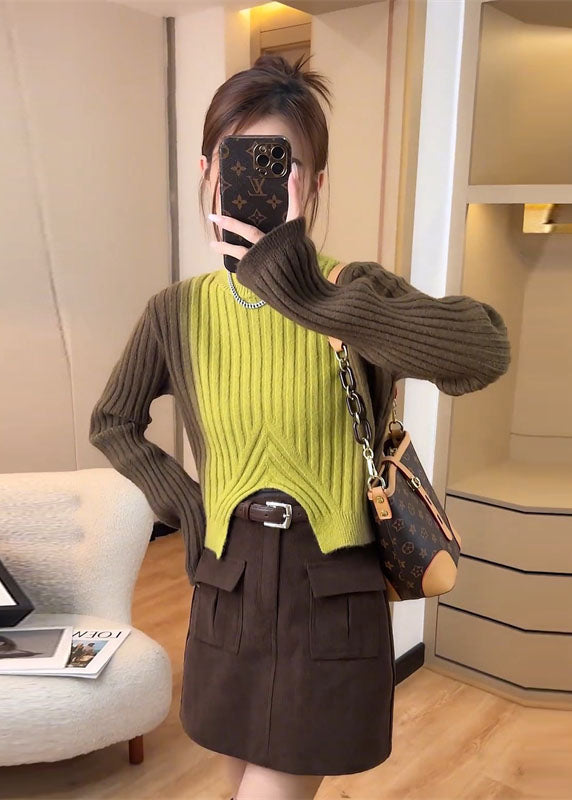 French Colorblock O Neck Asymmetrical Knit Sweaters Fall We022