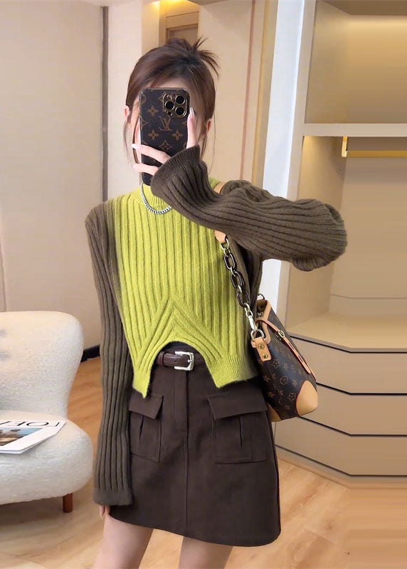 French Colorblock O Neck Asymmetrical Knit Sweaters Fall We022
