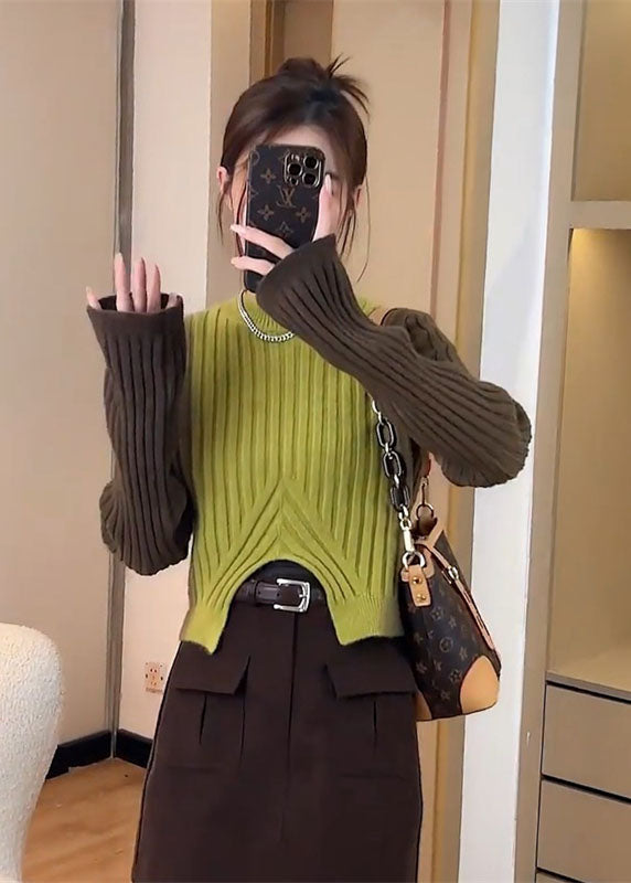 French Colorblock O Neck Asymmetrical Knit Sweaters Fall We022