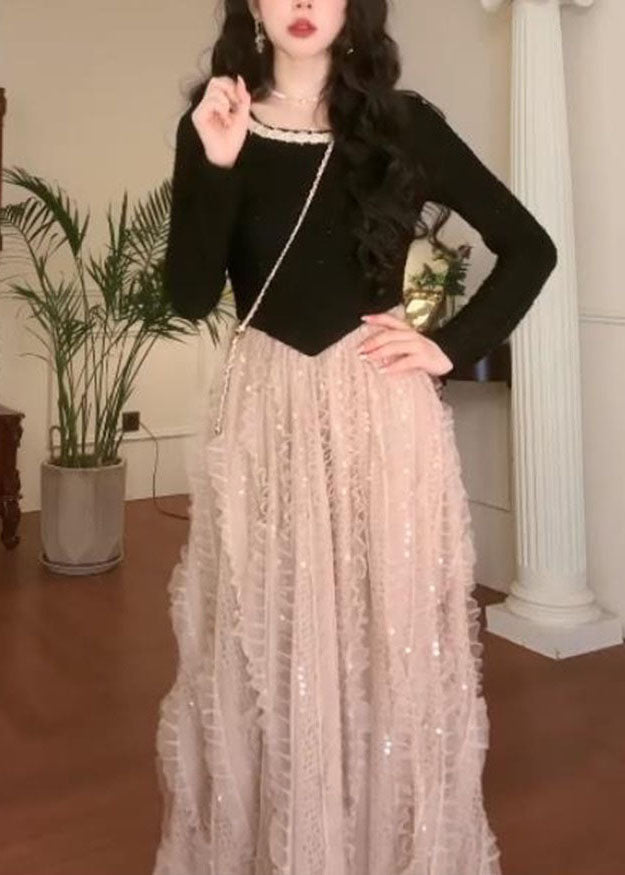 French Colorblock O Neck Patchwork Tulle Long Dress Fall Qx035