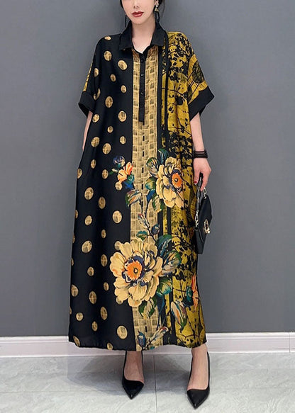French Colorblock Peter Pan Collar Print Silk Maxi Dresses Summer Ly1590