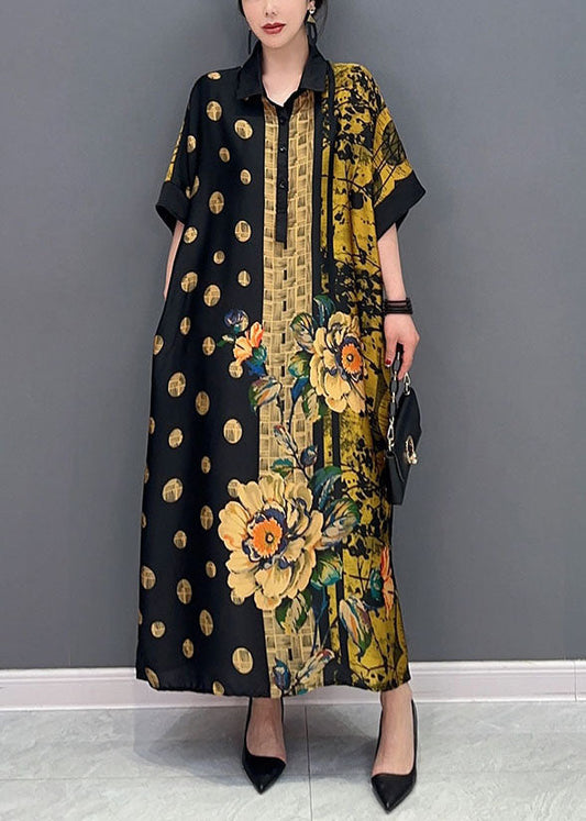 French Colorblock Peter Pan Collar Print Silk Maxi Dresses Summer Ly1590