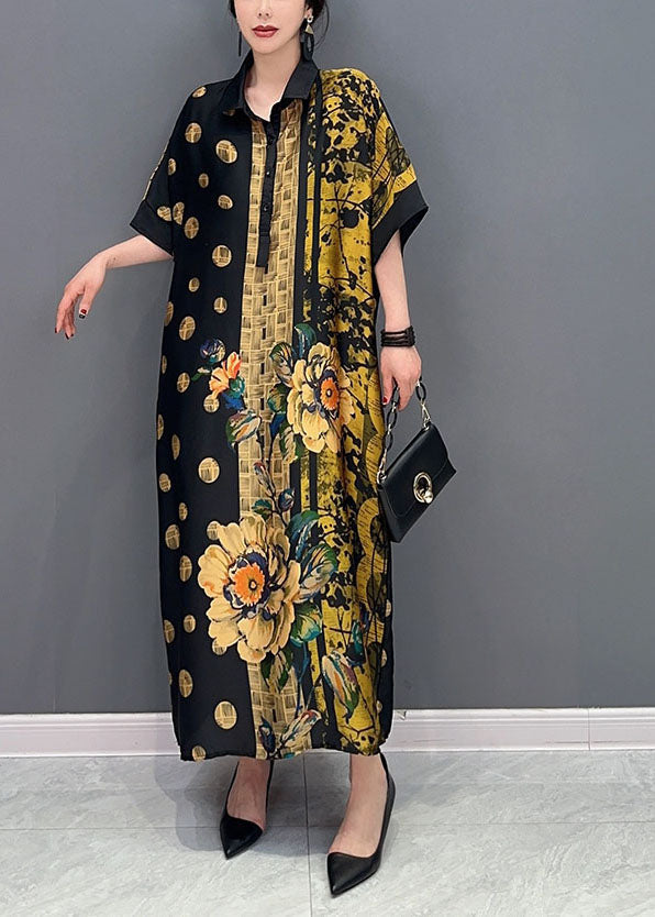 French Colorblock Peter Pan Collar Print Silk Maxi Dresses Summer Ly1590