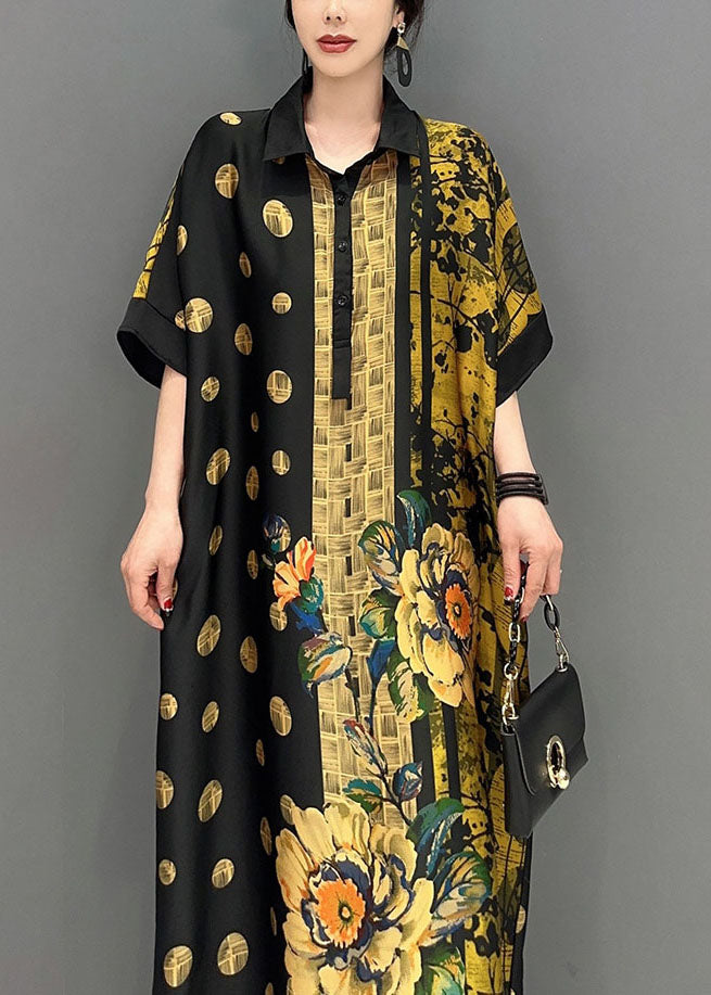 French Colorblock Peter Pan Collar Print Silk Maxi Dresses Summer Ly1590