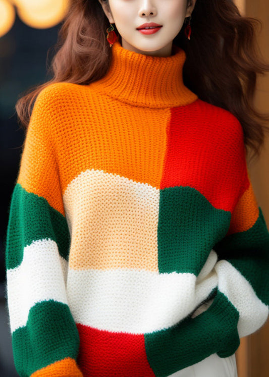 French Colorblock Turtleneck Cozy Knit Sweater Winter Wx007