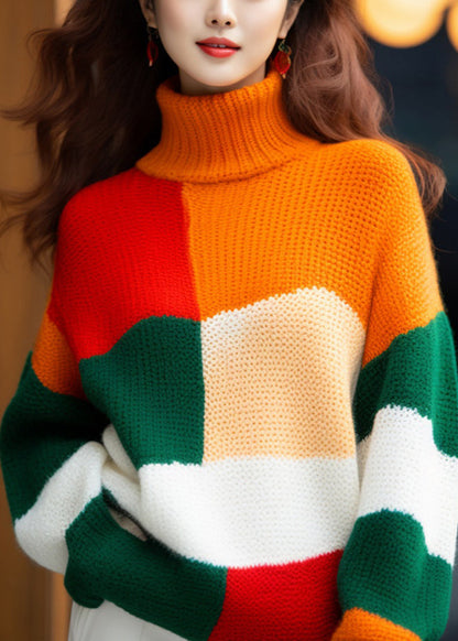 French Colorblock Turtleneck Cozy Knit Sweater Winter Wx007