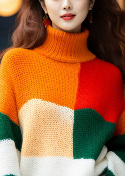 French Colorblock Turtleneck Cozy Knit Sweater Winter Wx007